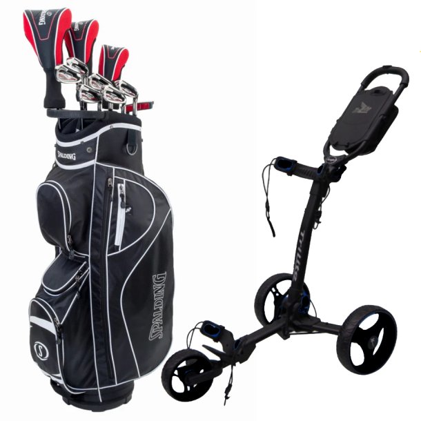 Spalding SX35 Herre Golfs�t Grafitskafter + Axglo Tri-lite Golfvogn Sort